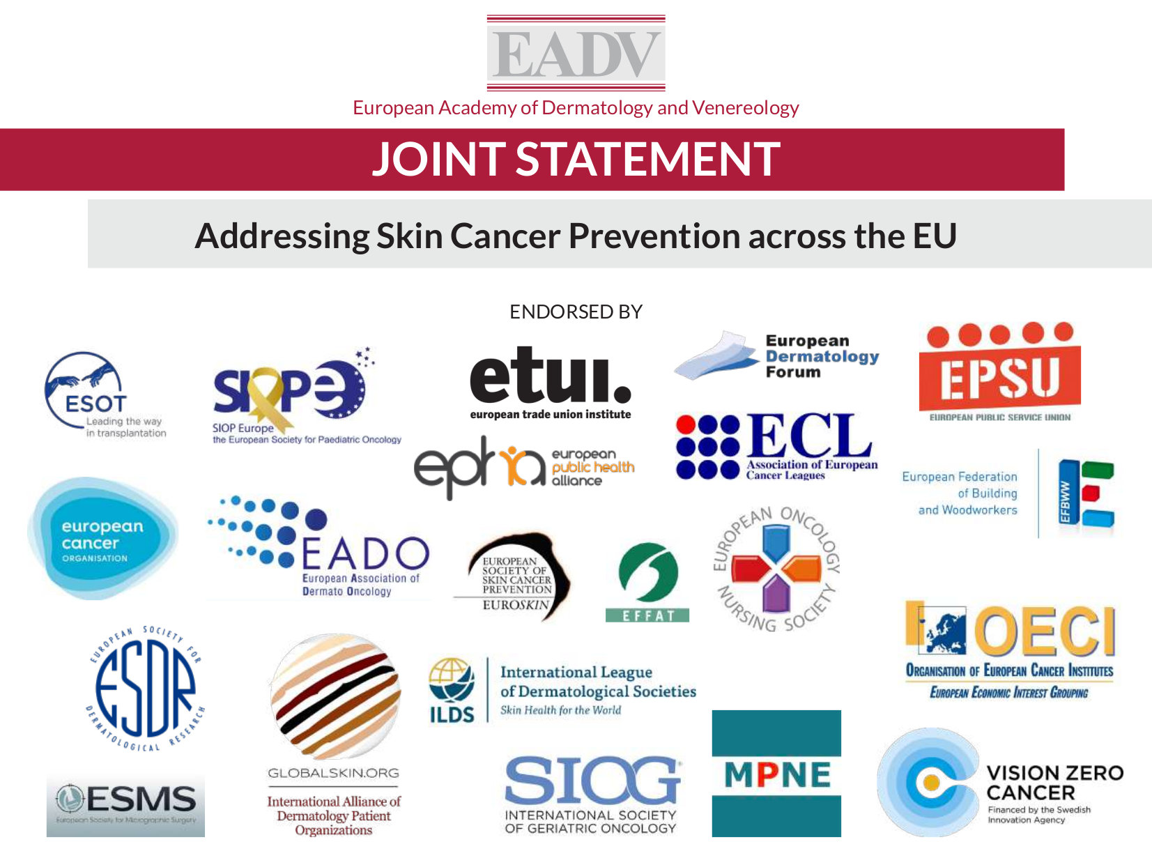 Accordo congiunto sulla prevenzione dei tumori cutanei pubblicato dalla EADV